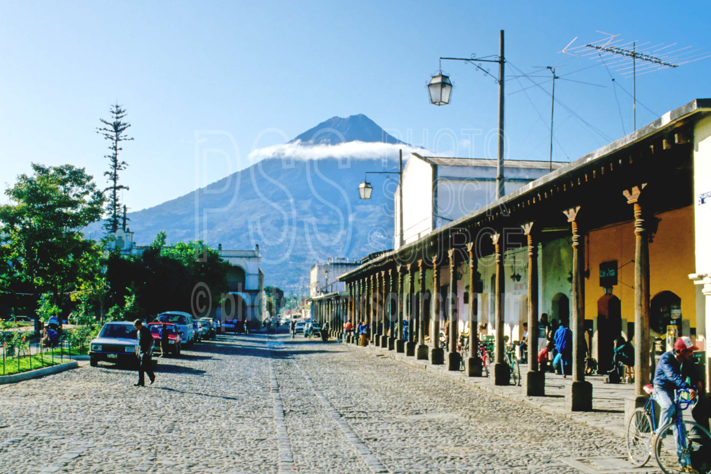 Agua Volcano,building,street,volcano,mountains