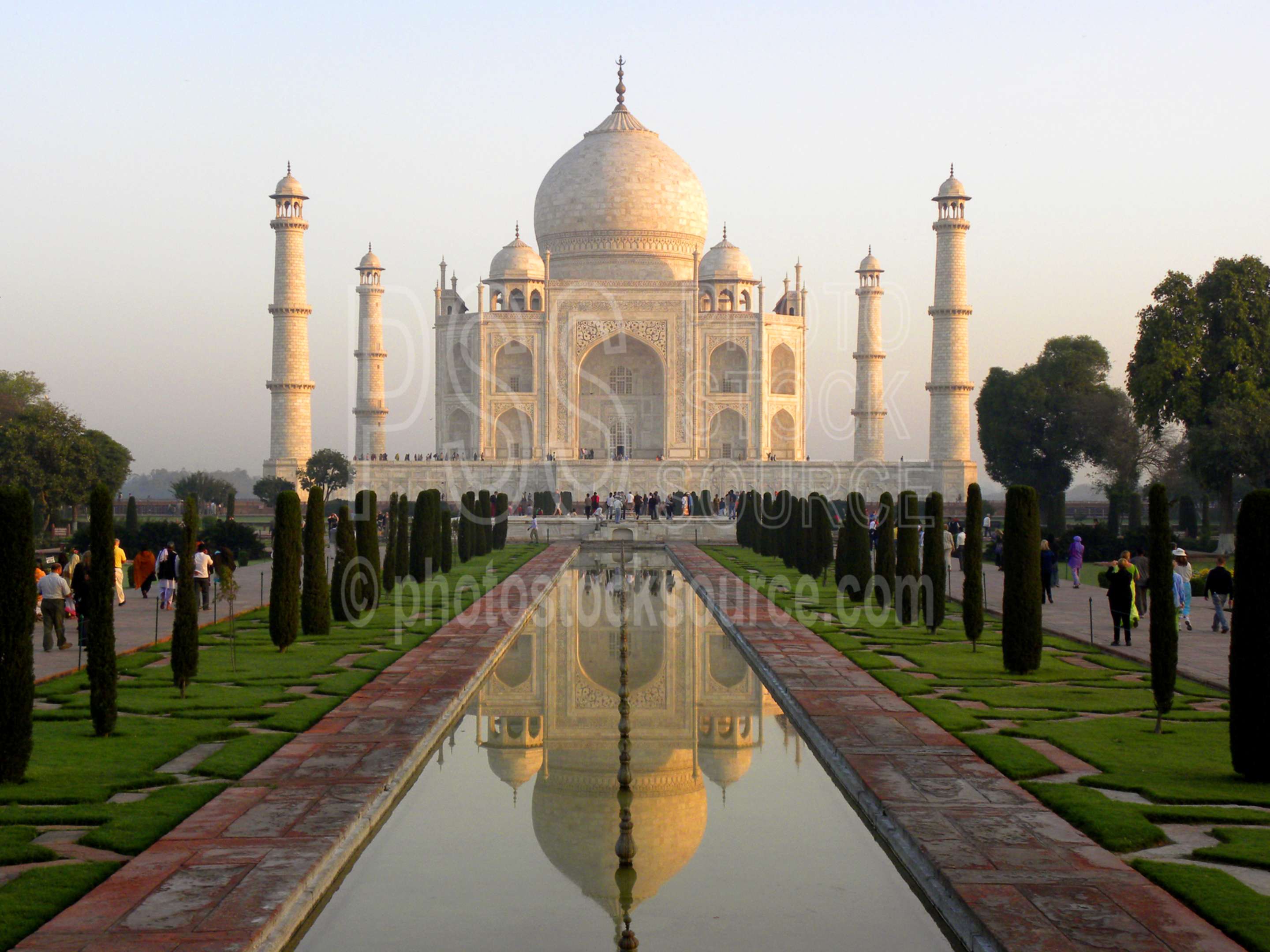 Taj Mahal At Sunrise,taj mahal,landmark,minarets,pool,reflection,reflecting,sunrise