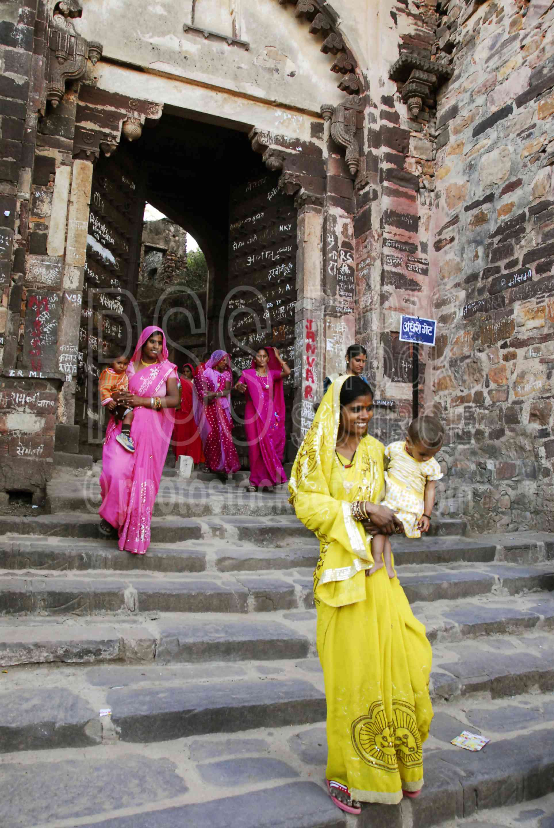 Women Descending Steps,fort,ranthambore,gate,walls,steps,women,bright colors,saris