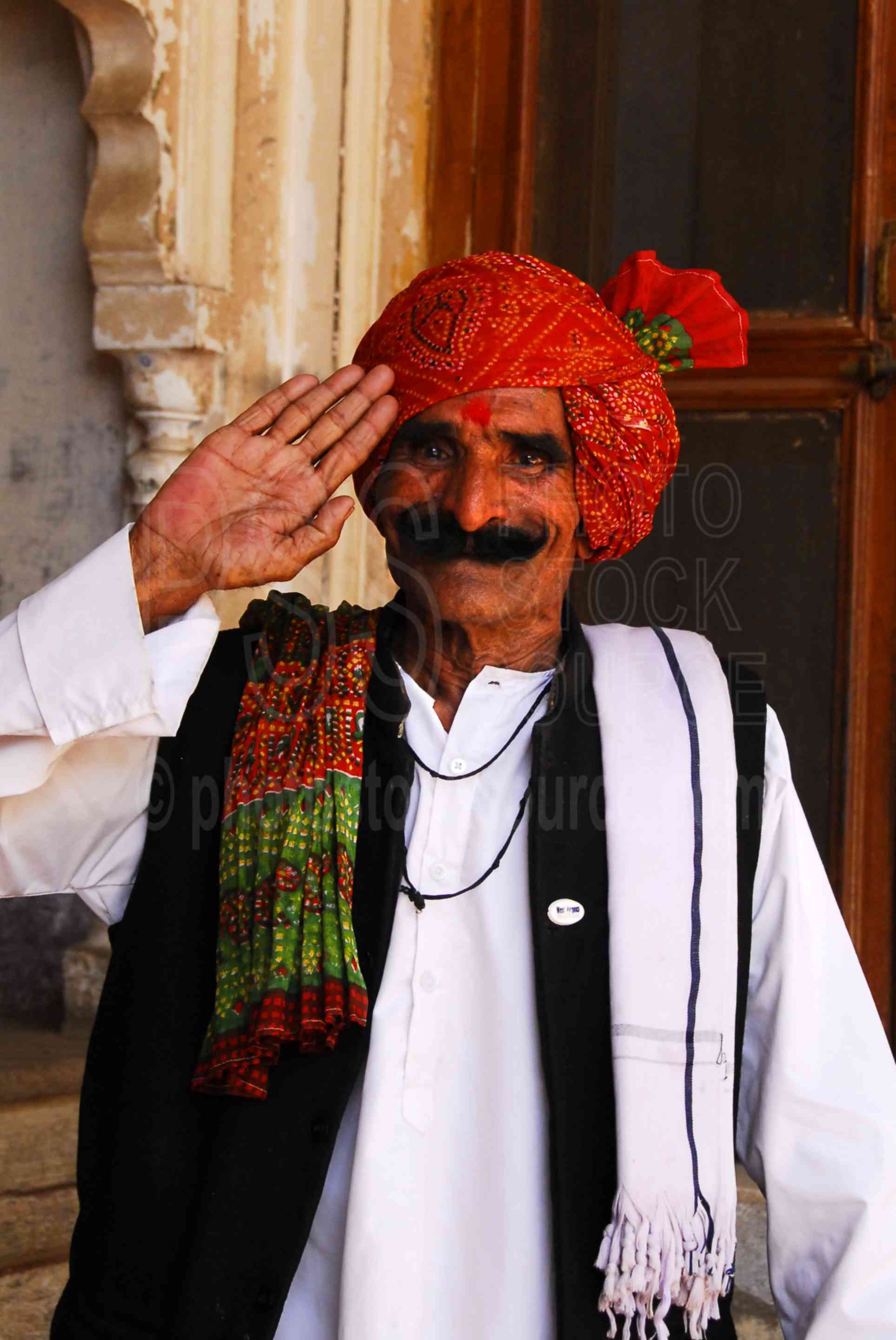 Man at Alipura Palace,man,cannon,greeting,saluting,red,turban,mustache