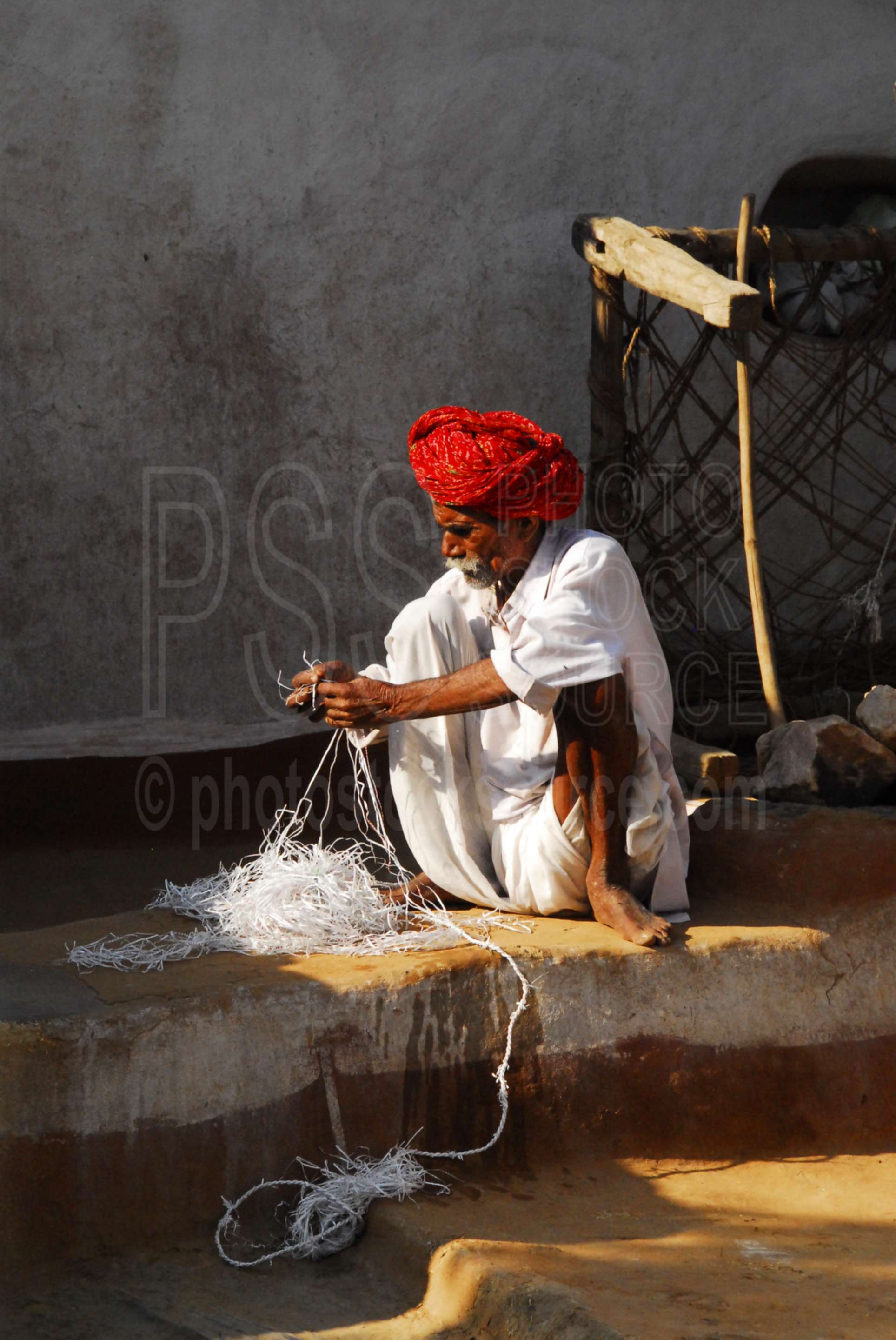 Man in Red Turban,man,turban,red,working,mosque,minaret,string,rope