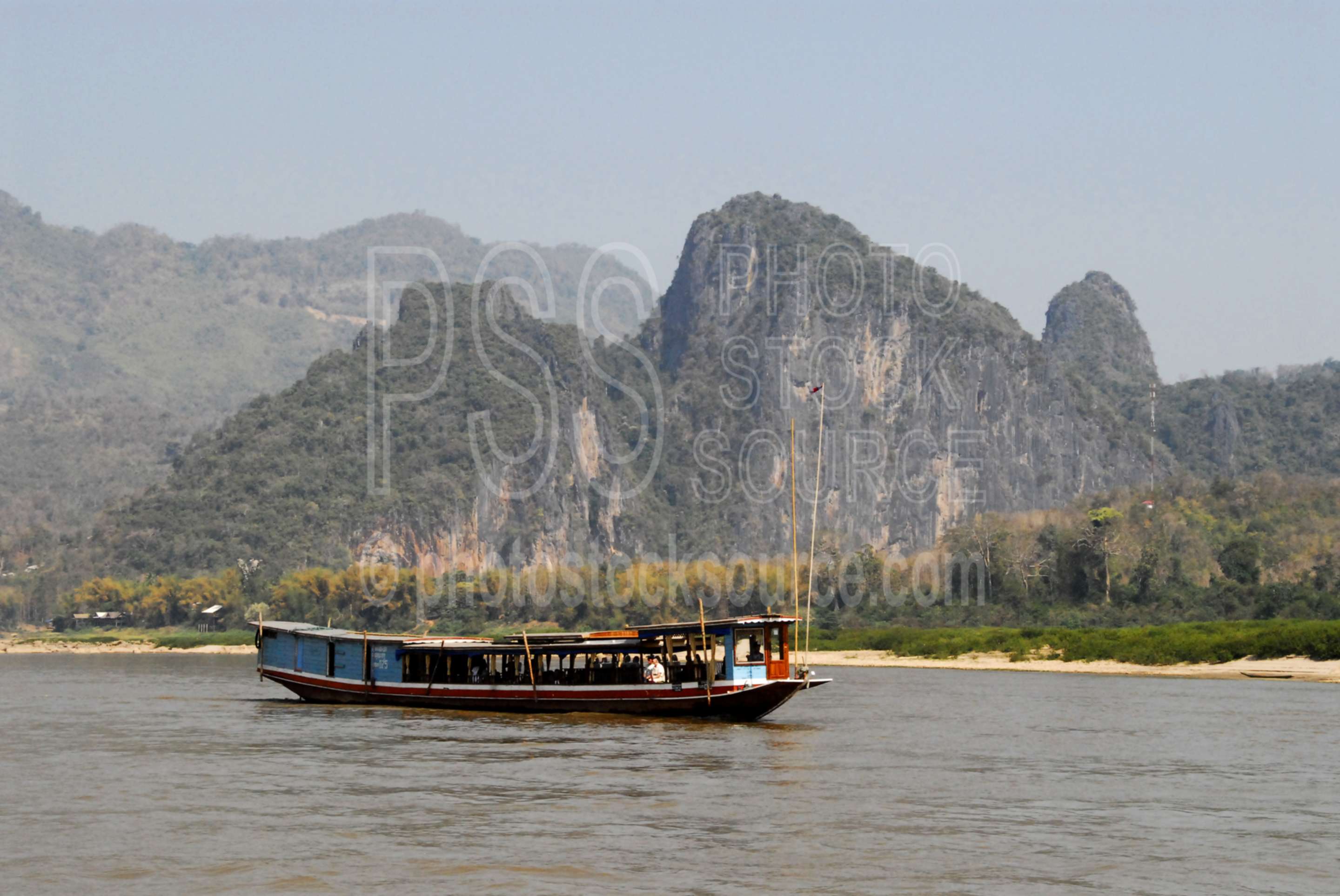 Mekong River Mountains,boat,transportation,transport,mekong,mekong river,river,mountains
