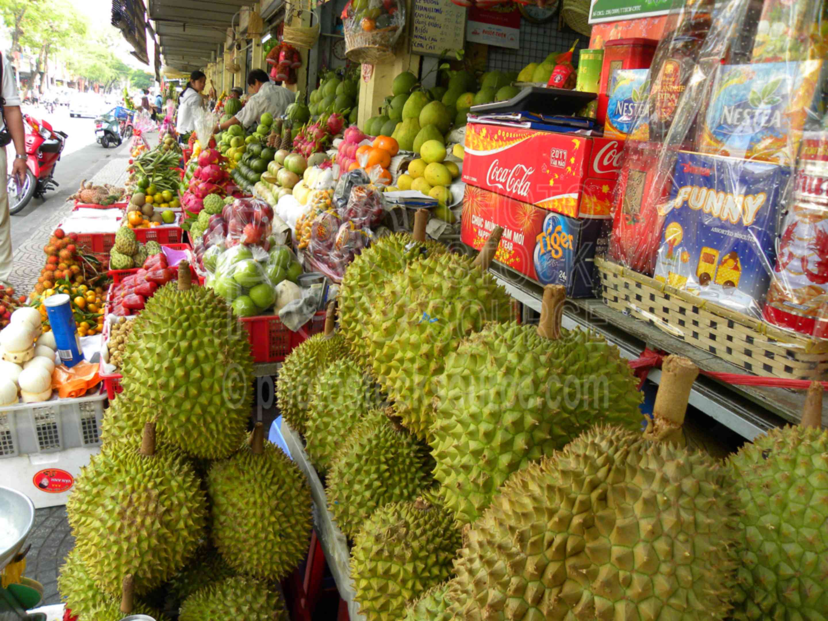 Durian Fruit,city,street,building,market,fruit,vendor,seller